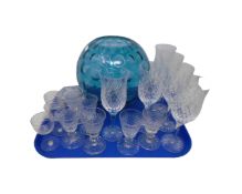 A tray of cut crystal and glass and a large coloured glass vase.