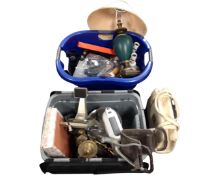 Three boxes containing a Kenwood food mixer, a table lamp, wall clock etc.