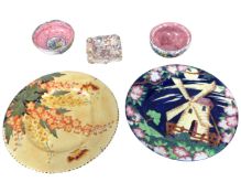 Two Maling plaques together with three further Maling pieces including bowls and a small basket.