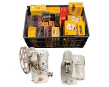 A box of Kodak cameras together with two 1950s Italian Cineprojectors.