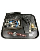 A tray of vintage cash tin, lady's and gent's watches, Zippo lighter,