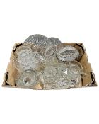 A box containing a quantity of 20th century pressed glassware including bowls and decanter.