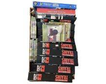 Two boxes of materials relating to trains and railways including magazines,