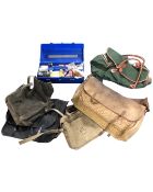 A box containing a fishing fly making kit, a Brady gun bag, further gun bags and a holdall.