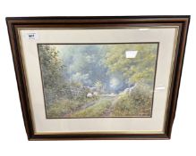 Joe Hush (b.1951) Sheep on a rural path, acrylic, signed, 35cm x 25cm.