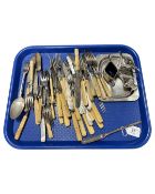 A silver plated cruet set together with antique cutlery, a marrow scoop etc.