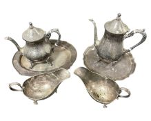 A four piece plated tea service and two similar trays.