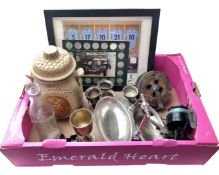 A box containing two fishing reels, Rumtopf storage jar, antique Newcastle glass bottle,