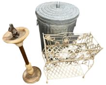 A galvanised bin together with an onyx smoker's stand and wrought metal plant stand