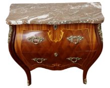 A Continental kingwood veneered and gilt metal mounted bombe chest with marble top.