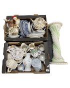 Three boxes containing 19th century and later porcelain including blue and white dinner plates,