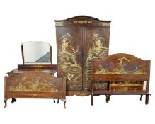 A walnut chinoiserie five piece bedroom suite comprising of a double door wardrobe,