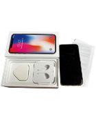 An iPhone X 64GB in Space Gray, boxed with charging plug (no lead).