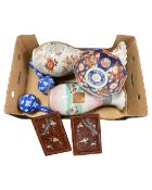 A box containing a Japanese Imari porcelain vase, an Imari octagonal bowl,