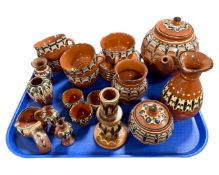 A tray of glazed terracotta tea china and vases etc.