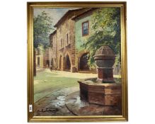 Continental school : Fountain in a street, oil on canvas, 48cm by 59cm.