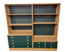 A Scandinavian oak effect two part bookcase.