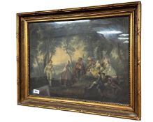 A Continental colour print depicting figures dancing, 55cm by 40cm.