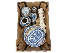 A box containing 18th century and later Chinese ceramics including blue and white dishes,
