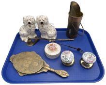 A tray containing a pair of Royal Doulton Staffordshire dogs, candle snuffers, a match striker,