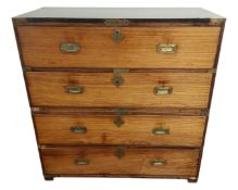 A teak secretaire campaign chest with brass drop handles.