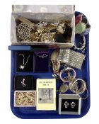 A tray containing a jewellery box with a quantity of costume jewellery including pendants on chains,