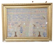 A 19th century gilt framed alphabet sampler, 55cm by 39.5cm.