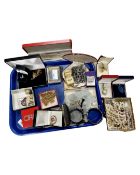 A tray of costume jewellery, pearls compact, enamelled coin on chain, two enamelled bangles,