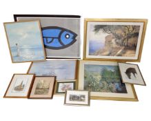 A collection of assorted pictures and prints including an oil on board, Lady in Victorian Dress,