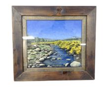 A Nancy Priest acrylic painting of a beck running through a landscape, 26cm by 23cm.