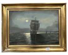 Continental School : Sailing boat at sunset, oil on canvas, 47cm by 32cm.