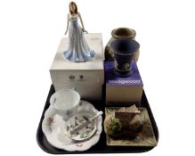 A tray containing assorted ceramics including a Denby pottery vase and shallow dish,