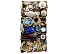 Three boxes of souvenir pottery mugs, collector's plates, decanter,