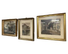 A Continental monochrome print depicting figures hunting, 55cm by 43cm,