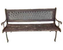 A cast iron wooden slatted garden bench