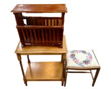 A barley twist occasional table together with a tapestry footstool and magazine rack with brass