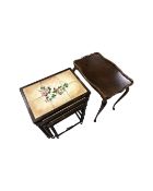 A nest of three mid 20th century beech tiled topped tables and further table