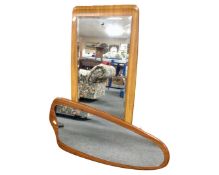 A mid century frameless mirror mounted on teak board together with a further Formwood mirror