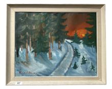 Continental School : A snow covered track at sunset, oil on canvas, indistinctly signed,