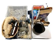 A pallet containing a Panasonic microwave, a coal bucket, assorted glassware, a wicker basket,