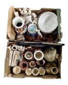 Two boxes of Grecian style figures, Japanese vase, Devon pottery, tea card albums,