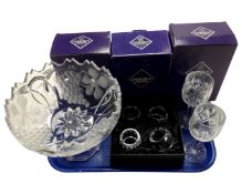 A tray containing assorted glassware including six Edinburgh crystal wine glasses (boxed) together