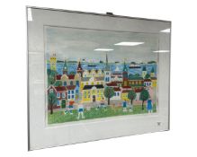 A Continental colour print depicting children playing football, indistinctly signed, 56cm by 43cm.