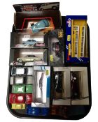 A tray containing boxed and unboxed die cast vehicles including Corgi Minichamps, Schabak etc.