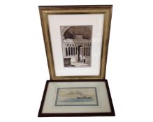 An ecclesiastical watercolour depicting a lady in a church interior in frame and mount together