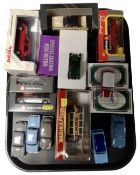 A tray containing boxed and unboxed die cast vehicles including Corgi Models of Yesteryear, Burago.