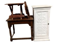 An oak occasional table together with two teak folding tables and painted French style cabinet