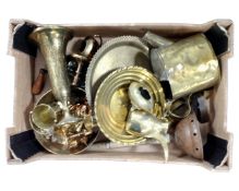 A box containing a quantity of antique and later metalware including poss stick, watering can,