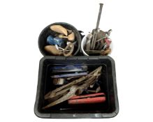 Two buckets and plastic tub containing hand tools,