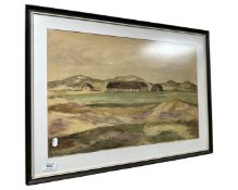 Continental school : Buildings by sand dunes, watercolour, 57cm by 38cm.